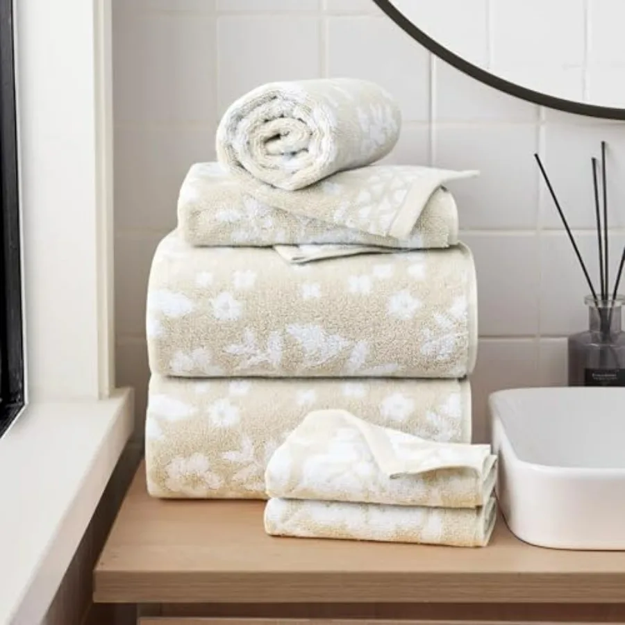 Bathroom use, cotton, beige taupe, ultra-soft and absorbent 6-piece folk floral towel set with 2 bath towels, 2 hand towels, 2