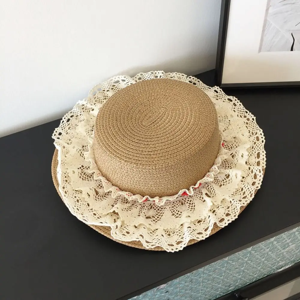

Fashion Large Brim Girls Straw Hat with Lace Trim Lolita Sun Hat Summer Breathable Bucket Caps for Travel