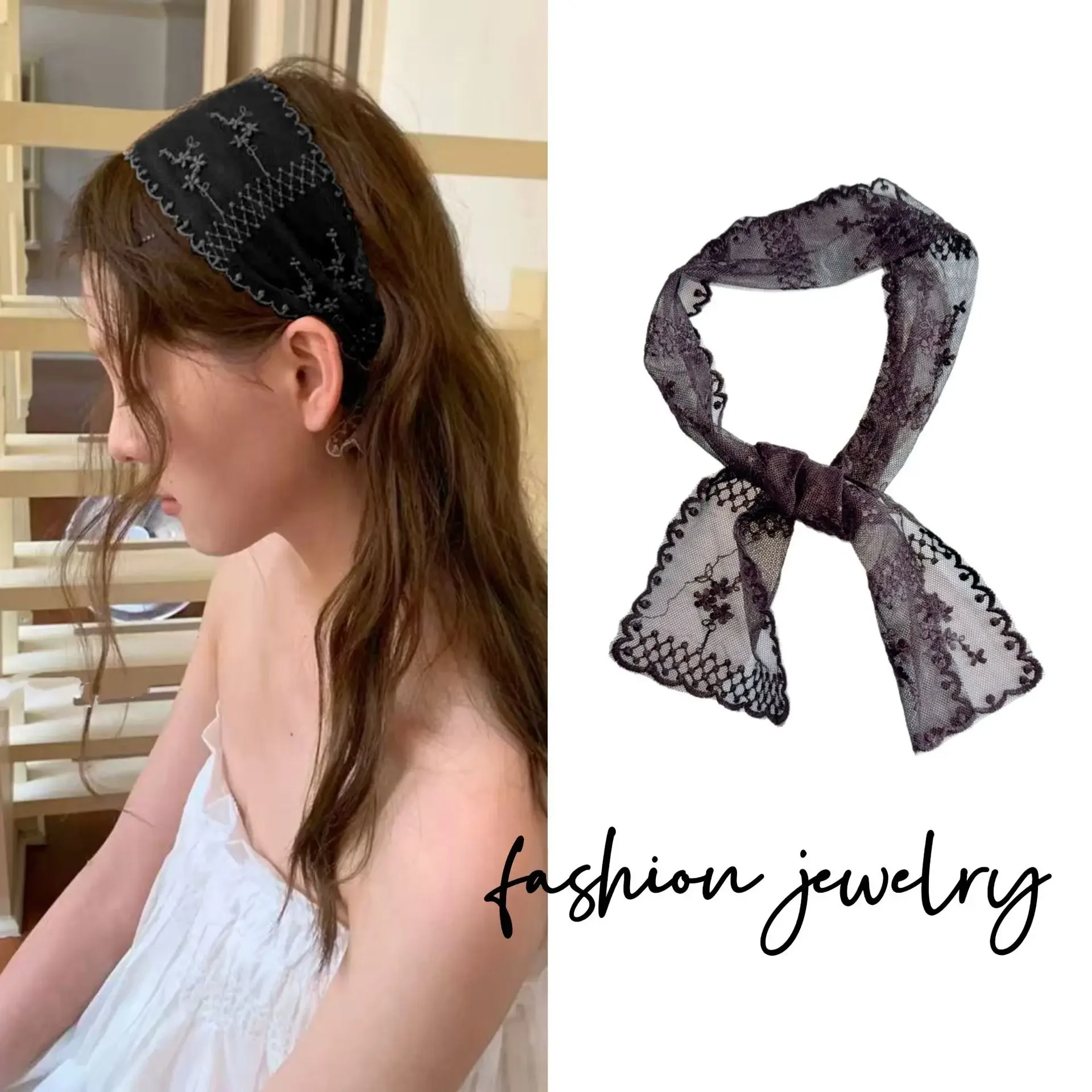 Y2k الحلو زهرة الدانتيل الرقبة حزام خلع الملابس الديكور الكورية نمط رباط شعر منديل شفاف طويل الشريط وشاح الرأس