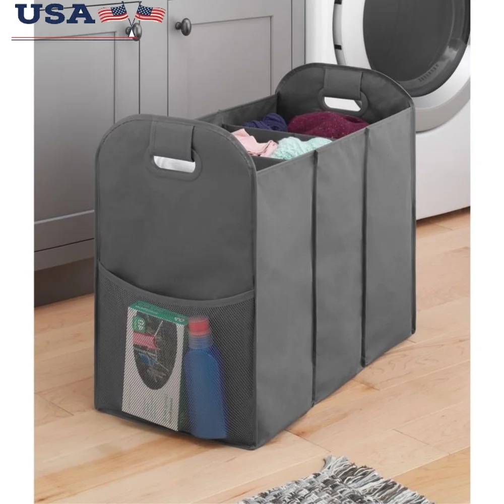 

Durable Accordion Laundry Sorter with 3 Sections and Mesh Pockets Foldable Polyester Basket Easy Transport and Storage