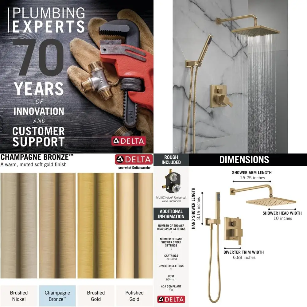 

14 Modern Square Rain Shower System with Brushed Gold Head & Handle, Champagne Bronze Valve Trim Kit