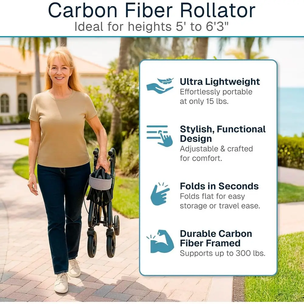 رولیتر من ألياف الكربون خفيف الوزن مع مقعد لكبار السن - قابل للطي، قابل للتعديل، مساعد على التنقل لجميع التضاريس، 300 رطلاً #2