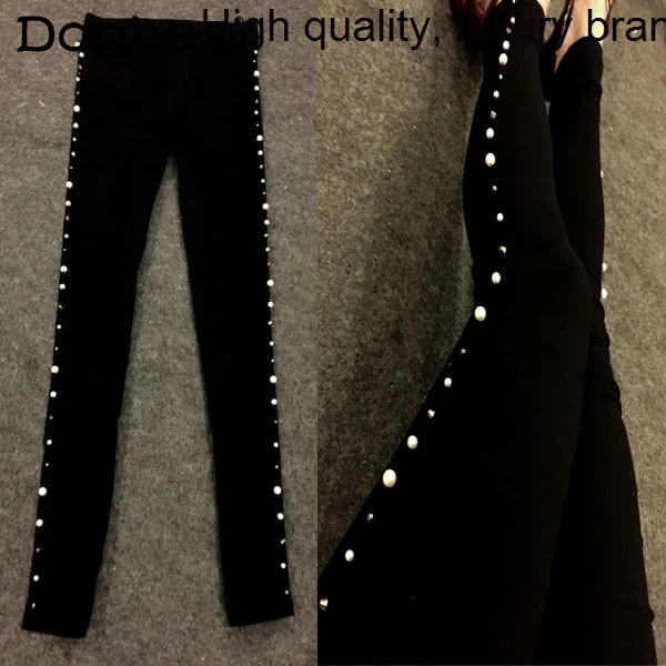 Stretch Pearl Rivets Fleece Thick Ankle-Length Pencil Workout Pants Women Autumn and Winter Black Leggings