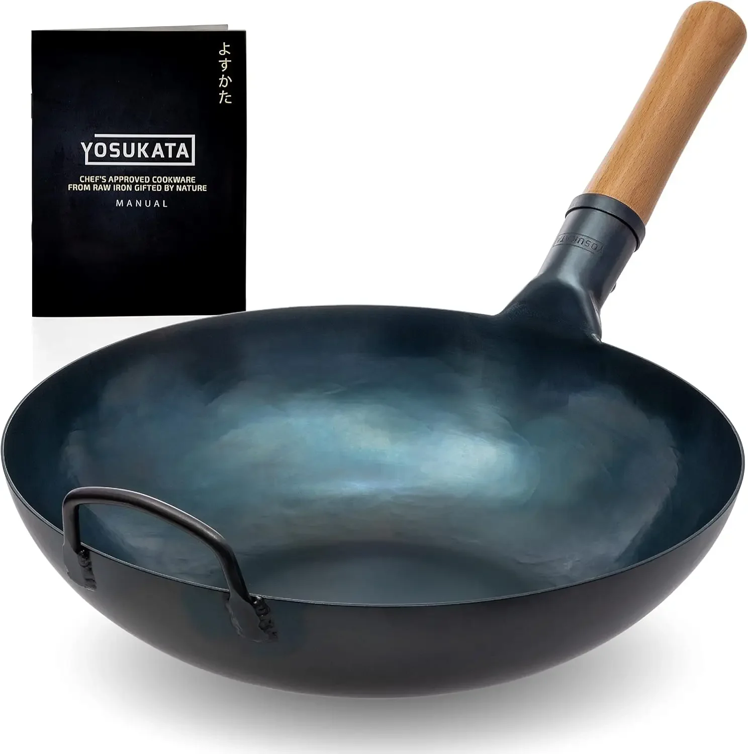 Woks and Frying Pans 34 cm -seasoned Flat Bottom Wok - Blue Carbon Steel Wok Wok for Induction, Electric Hobs, G