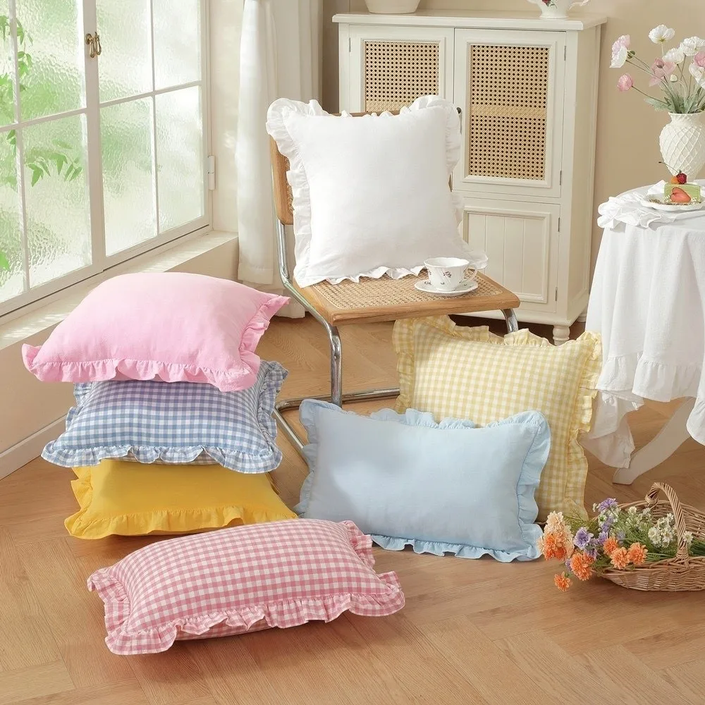 Soft Cotton Throw Pillow Cover Lotus Leaf Skirt Edge Solid Color Ruffled Edge Pillowcase Comfortable Plaid Print