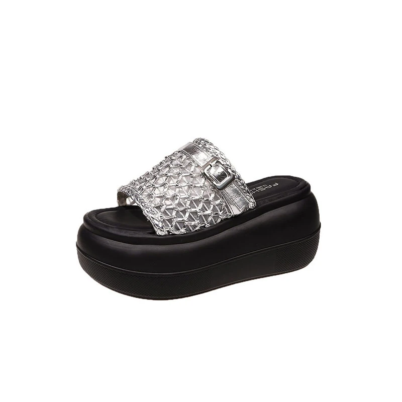 

8cm Black Hollow Woven Slip-On Women's Summer Outdoor Sandals Breathable Lazy Half Slippers Comfortable Lightweight Anti-Slip