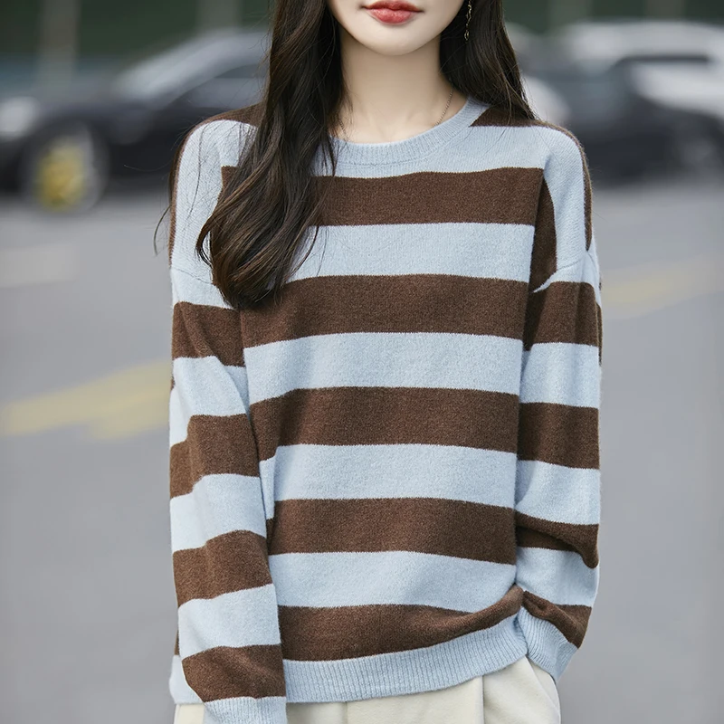 100% Merino Wool Knitted Sweater Women's 2024 Autumn/Winter Fashion O-Neck Stripe Tops Soft Warm Loose Pullover Female Clothes