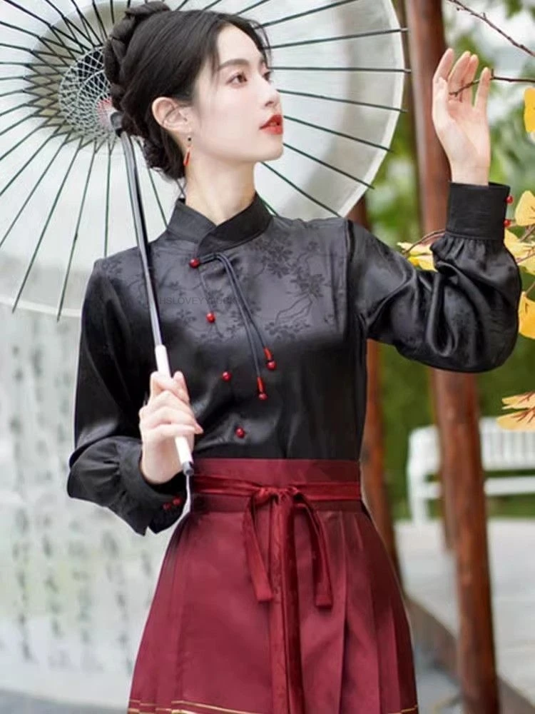 

Autumn New High Collar Long Sleeved New Chinese women's Fashion Chinese Style Improved Hanfu Top Oriental Style Blouse