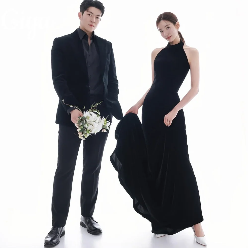 Giyu New Simple Black Mermaid  Evening Dress Halter Sleeveless Pleat Customized Korea Photoshoot Plus Size Zip Floor-Length 2025