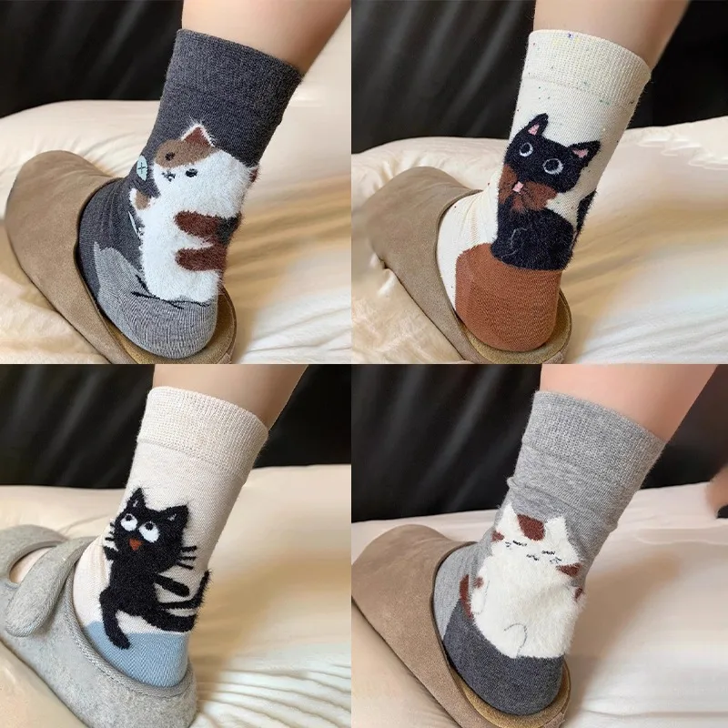 

Creative New Cartoon Kitten Socks Female Middle Tube Cute Animal Socks Japanese Harajuku Style Student Autumn Winter Casual Sock