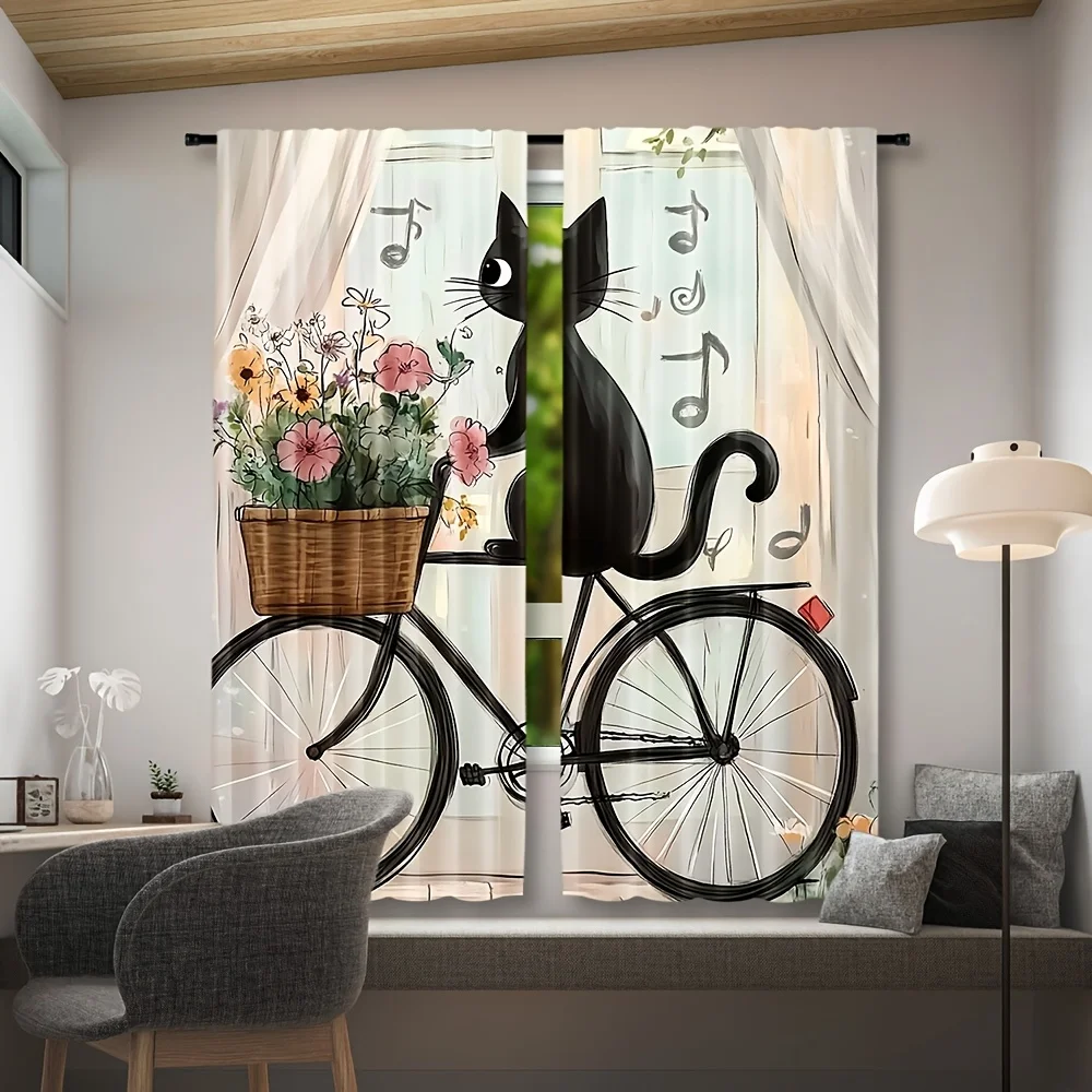 Black Cat on Bicycle Curtain, Floral Basket Music Notes Window Drapes, Cute Cartoon Animal Decor for Kids Room Living Room