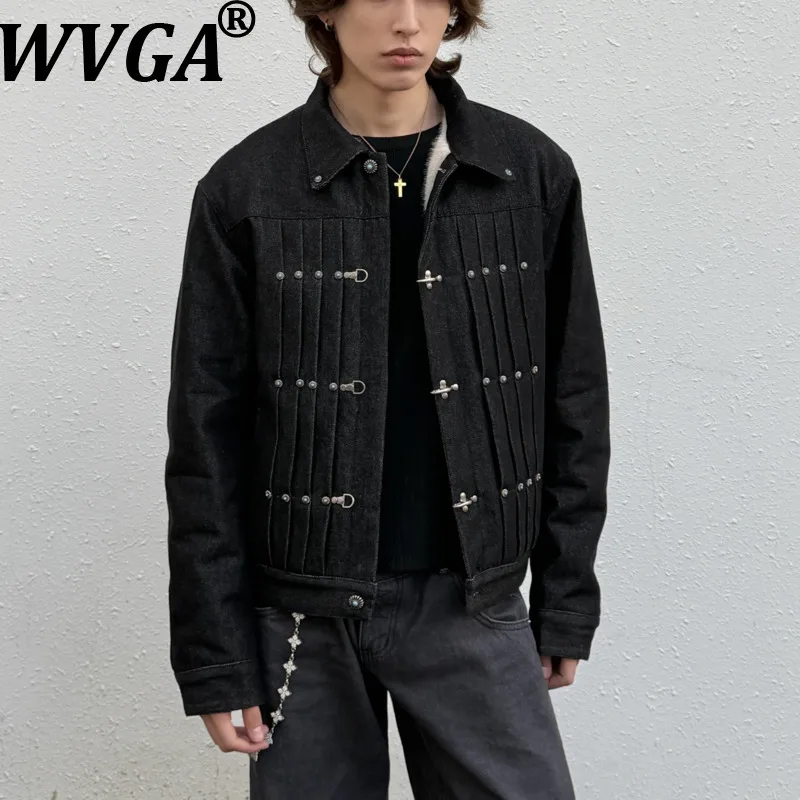 

WVGA Autumn Winter New Men Tide Denim Airplane Button Placket Genuine Leather Short Lapel Jackets Niche Chic Casual Coats W19160
