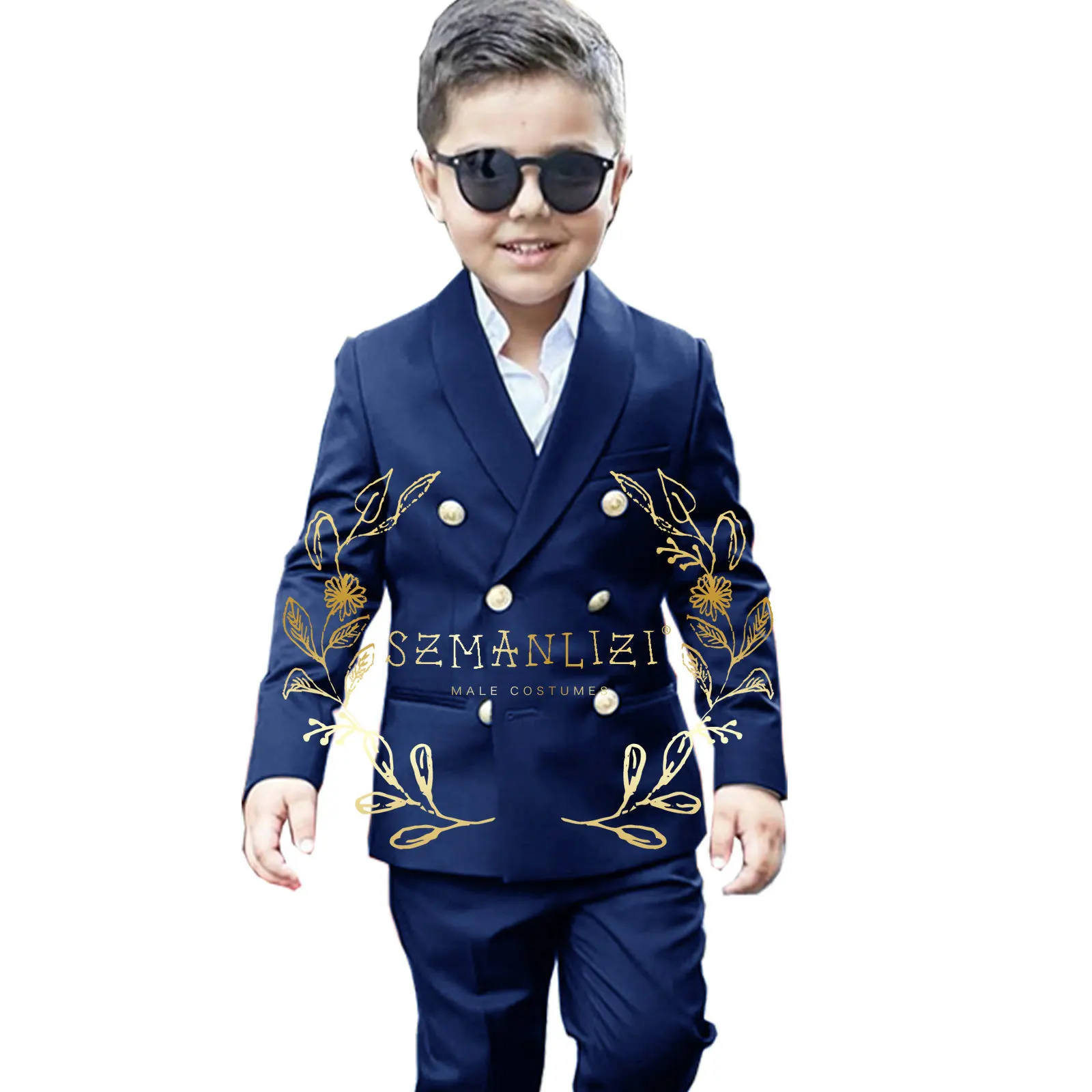 

Navy Blue Children's Formal Dress Suits Set Flower Boys Wedding Child Birthday Party Costume Kids Double Brested Blazer Pants