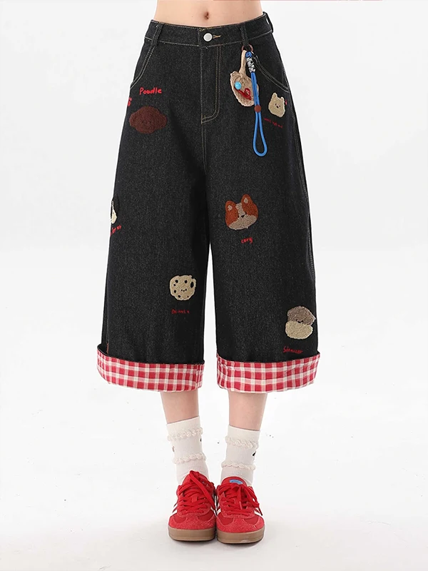 Black American Embroidered Doggie Cuffed Plaid Denim Shorts Women Summer 2026 Casual Wide Leg Seven-Five Pants