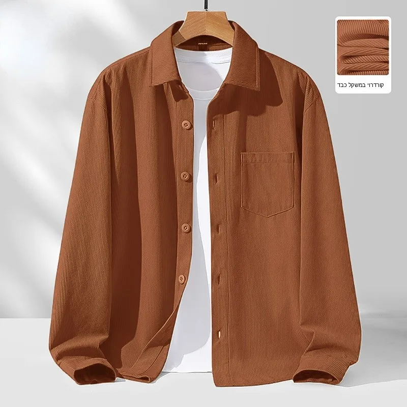 Factory Spot Rduroy Men's Loose Casual Long Sleeve Shirt Cleanfit Style PU Leather Nine-point Sleeve Citywalk Suitable