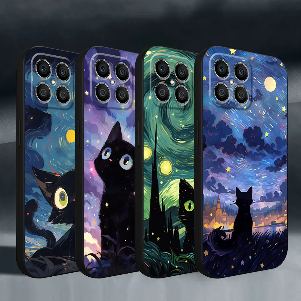 Silicone Cover Phone Case for Honor X6a X6 X8 X7 90 Pro 8X X9a X8a 70 Magic5 Lite Magic5 Matte Bag Van Gogh Art Cute Kitty