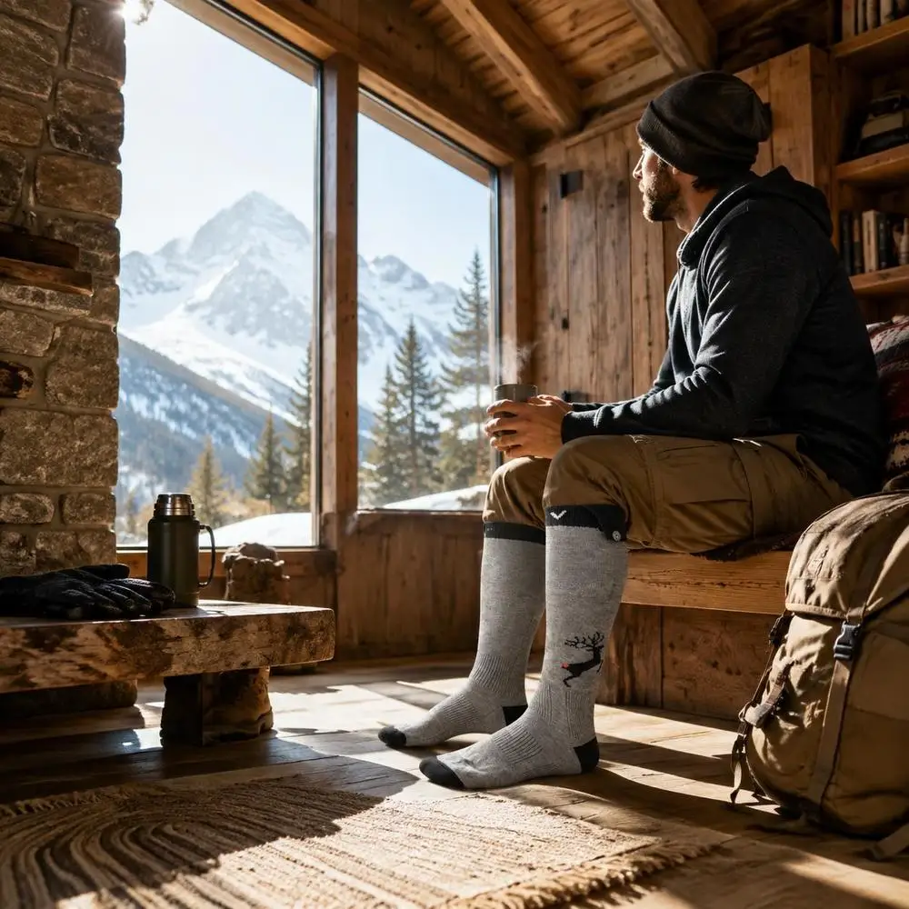 Chaussettes chauffantes avec batterie rechargeable de 6000 mAh, 4 niveaux de chauffage et contrôle via application, chauffe-pieds électrique pour hommes et femmes, mélange de coton doux, noir, taille moyenne, idéal pour la chasse et le camping.