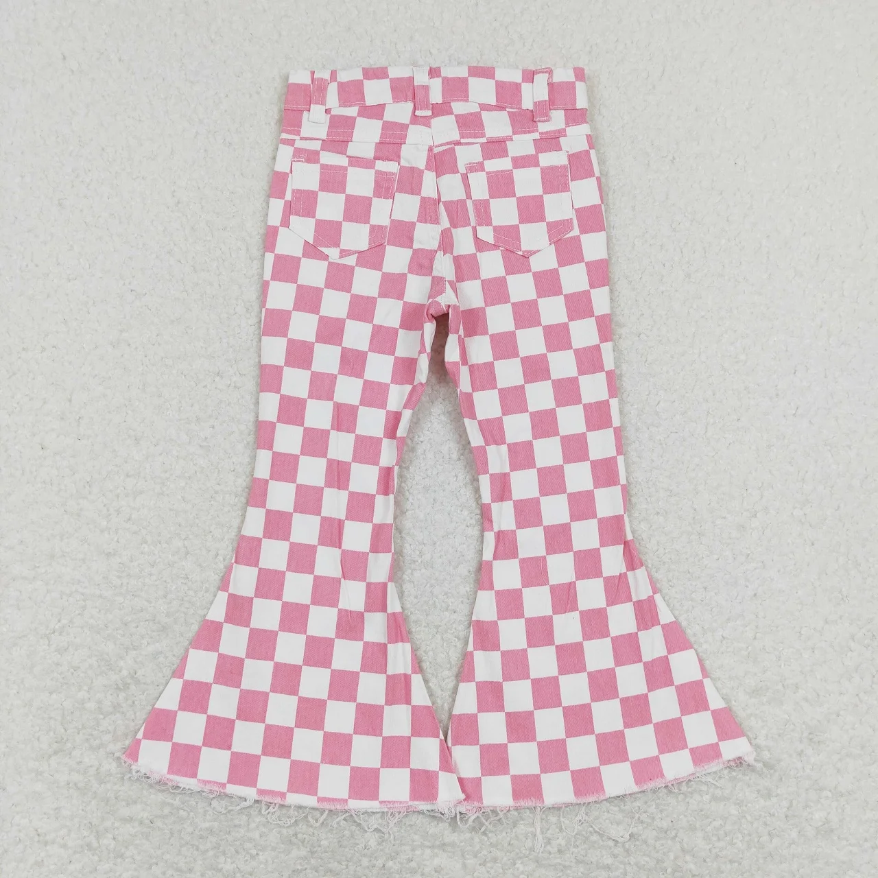 Wholesale Baby Girl Denim Bell Bottom Pocket Pants Trousers Kids Jeans Children Toddler Pink White Checkered Clothing