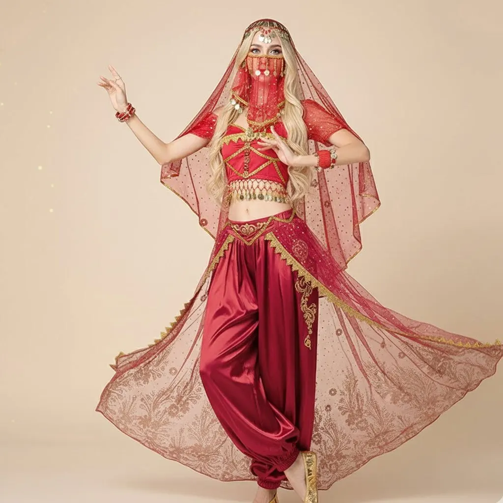طقم زي الأميرة العربية للسيدات من الياسمين التنكري للرقص الشرقي سروال حريم مع حجاب للوجه لجميع القديسين #3