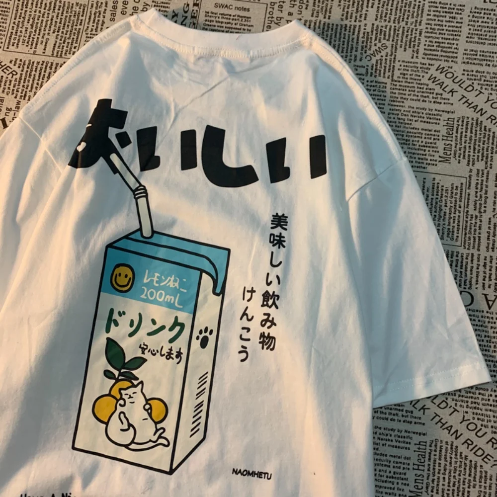 Ropa Harajuku, linda camiseta holgada con estampado de gato japonés para hombre y mujer, camiseta informal de manga corta, camisetas de calle