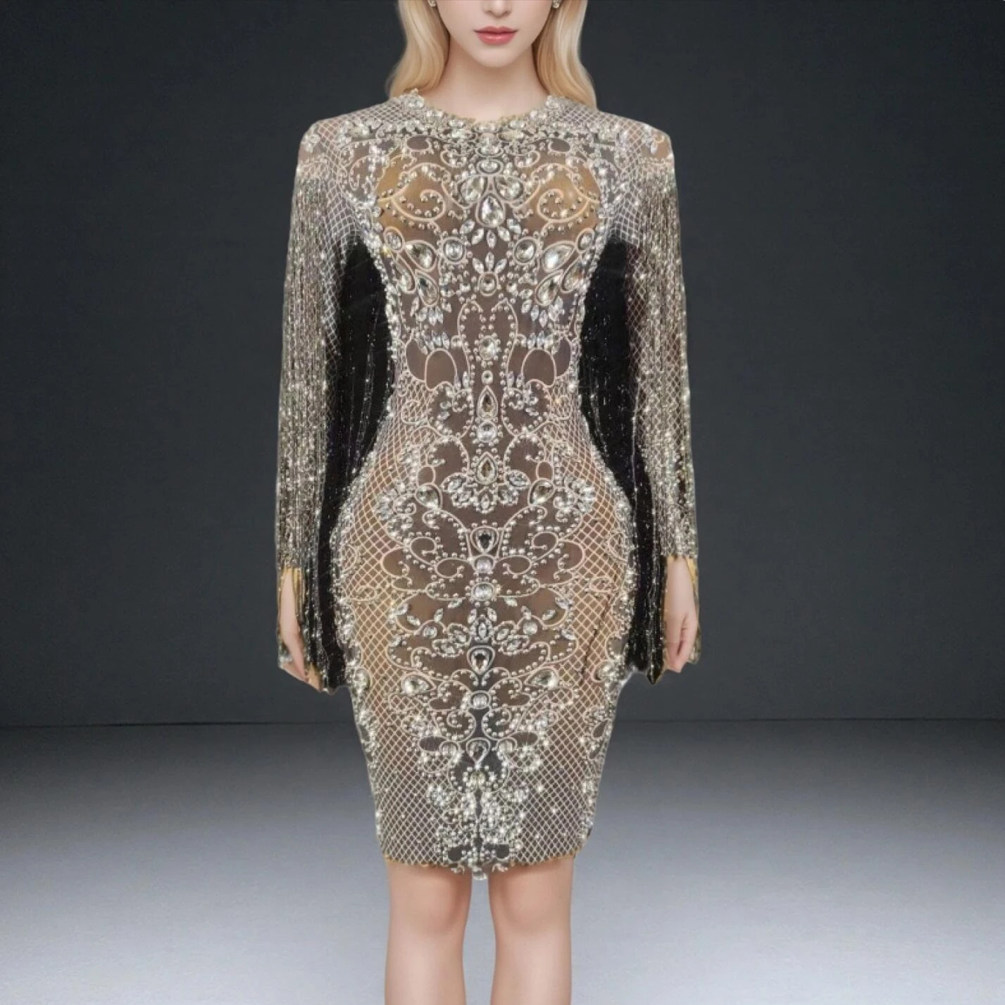 Luxury Rhinestone Fringed Stretch Dress Sexy Bar Stage Performance Costume Vestidos De Mujer Elegantes Para Fiesta Sheer Dresses