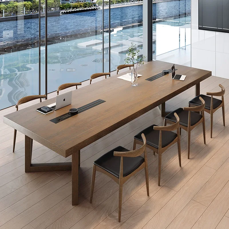 Simple modern solid wood conference table with socket reception table and chair combination