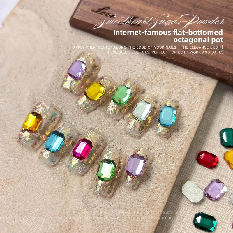 LYLE 50Pcs Long Octagon Flat Back Nail Rhinestones Premium INS Style New Year Fortune Mahjong Press On Nail Decorations