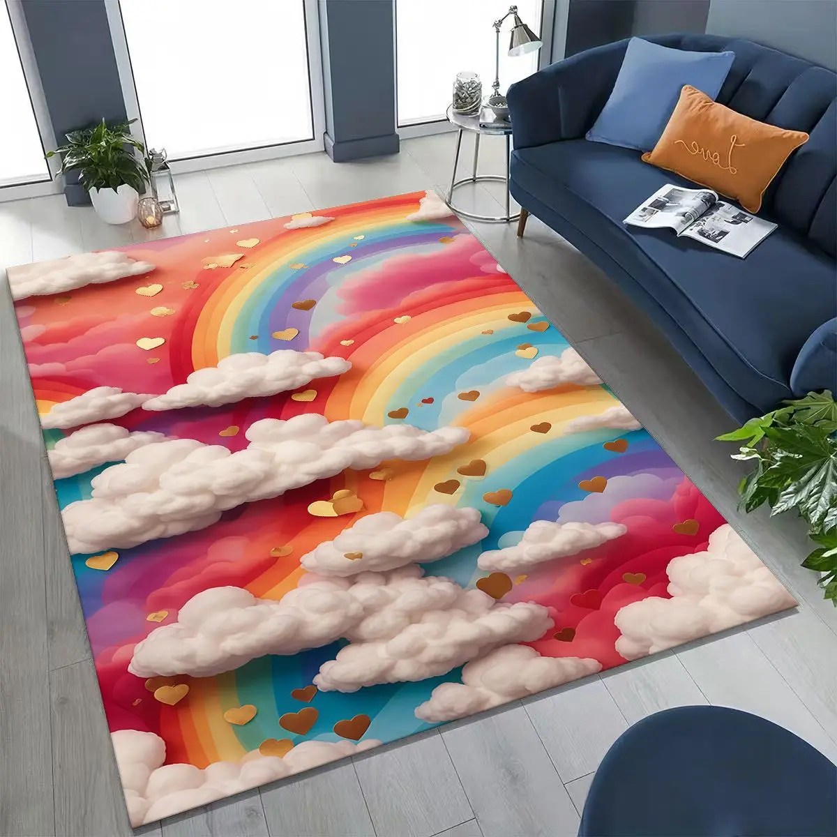 

Colorful Rainbow Clouds Dream Sky Cartoon Rug for Bedroom Living Room Sofa Home Doormat Decor, Large Kid Play Non-slip Floor Mat