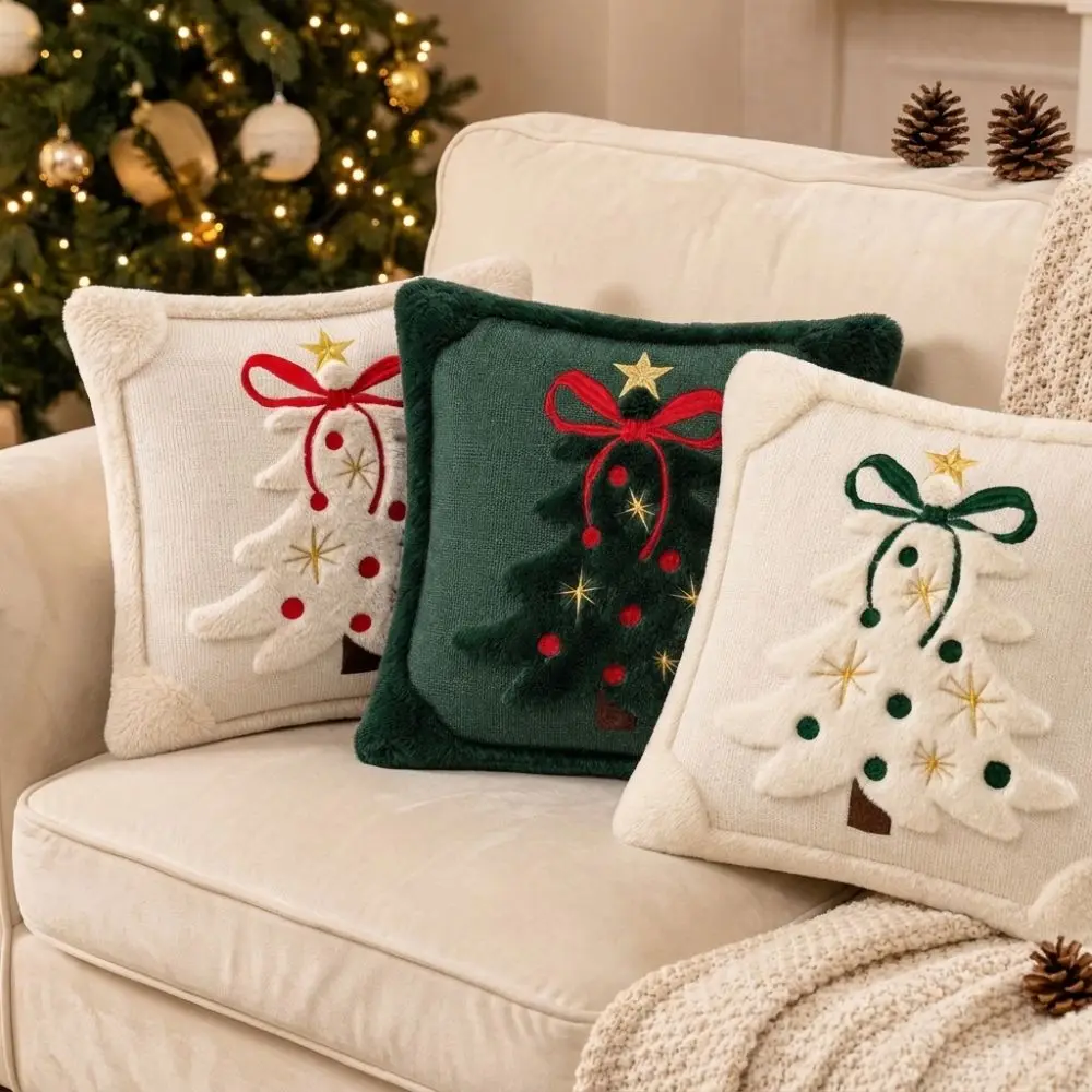 Christmas Pillow Cover Soft Fluffy Christmas Tree Throw Pillow Cover Comfortable Bow Embroidery Throw Pillowcase Bedroom