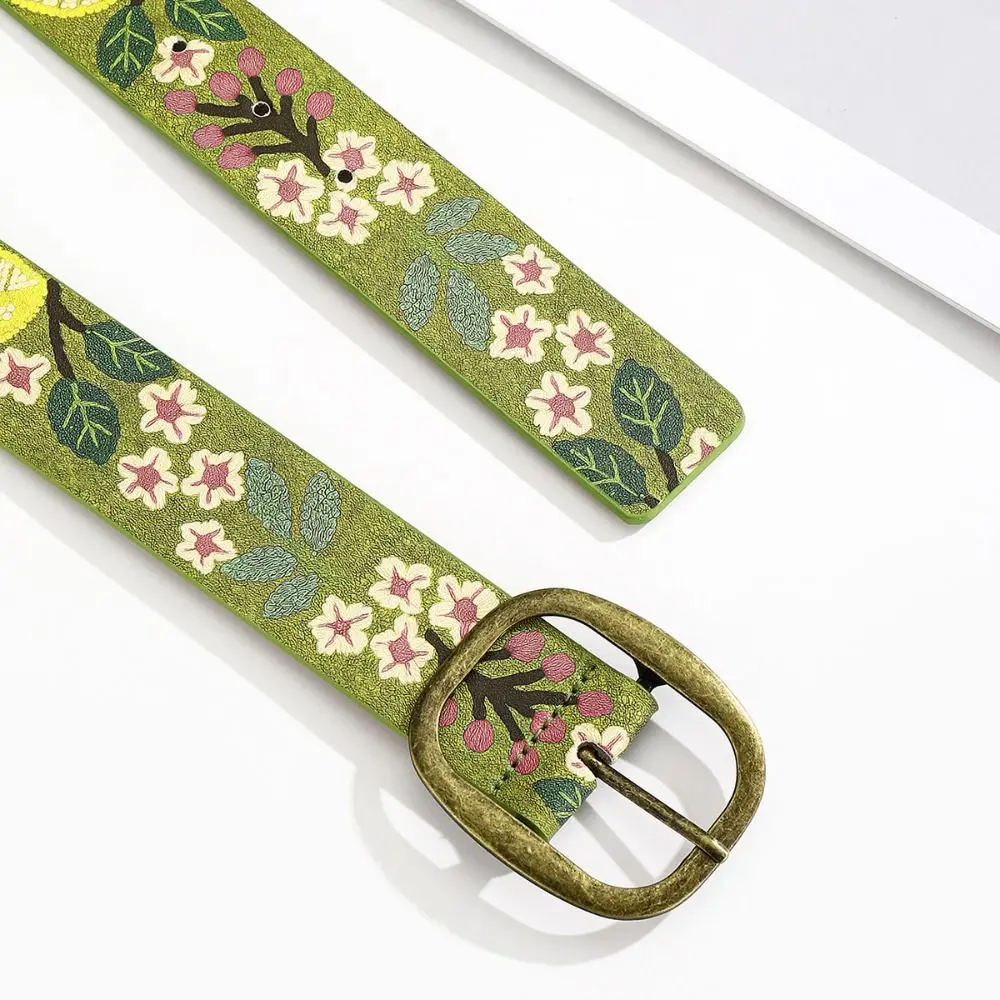 Antique Metal Buckle Canvas Waist Belt Cottagecore Print Green Floral Design Decorative Waistband Adjustable Pin Buckle