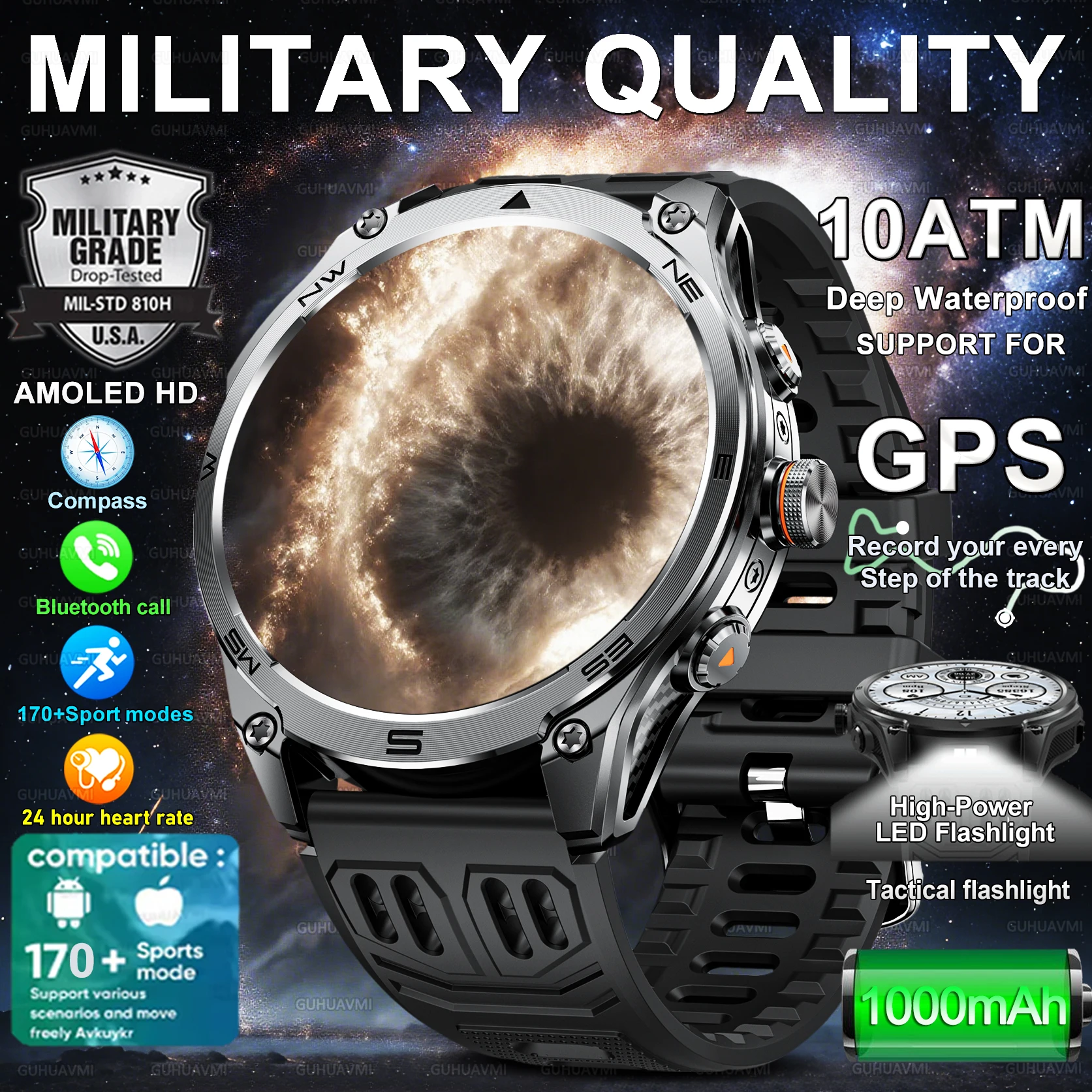 

2026 New outdoor Military Smart Watch 1000Mah Battery GPS Compass 10ATM Waterproof Tactics Sport Fitness call SmartWatch For Men