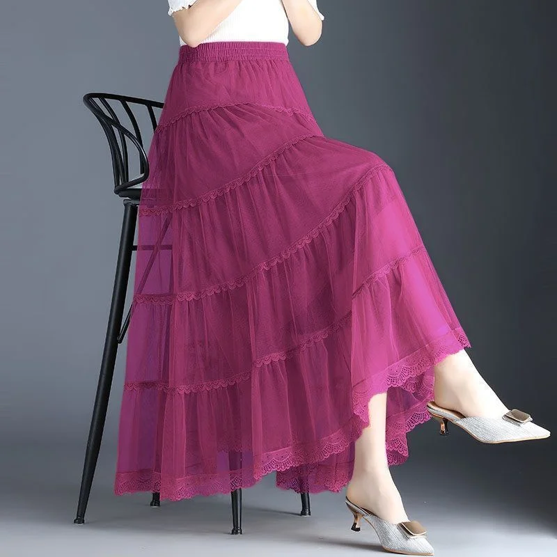 Elegant Double Layer Tulle A-Line Half Skirt with Lace Trim Fall Long Skirt Draping Cake Skirt High Waist Polyester Fabric