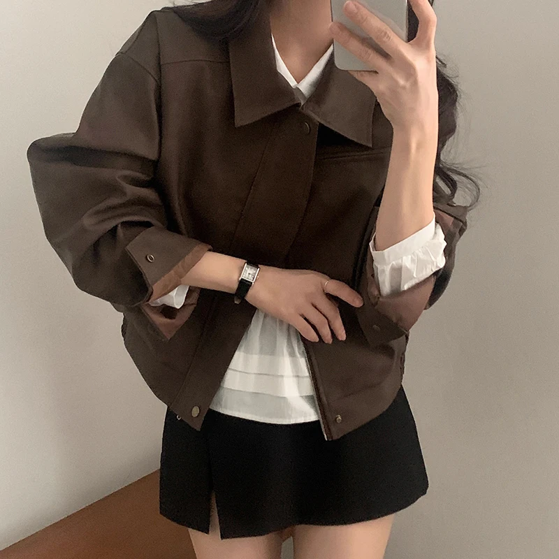 Chic Autunno Nuovo Vintage Allentato Casual Lungo Sve Pelle Scamosciata PU Jaet Cappotto da Donna Pendolarismo Sle Chiusura con Cerniera Tuta Sportiva