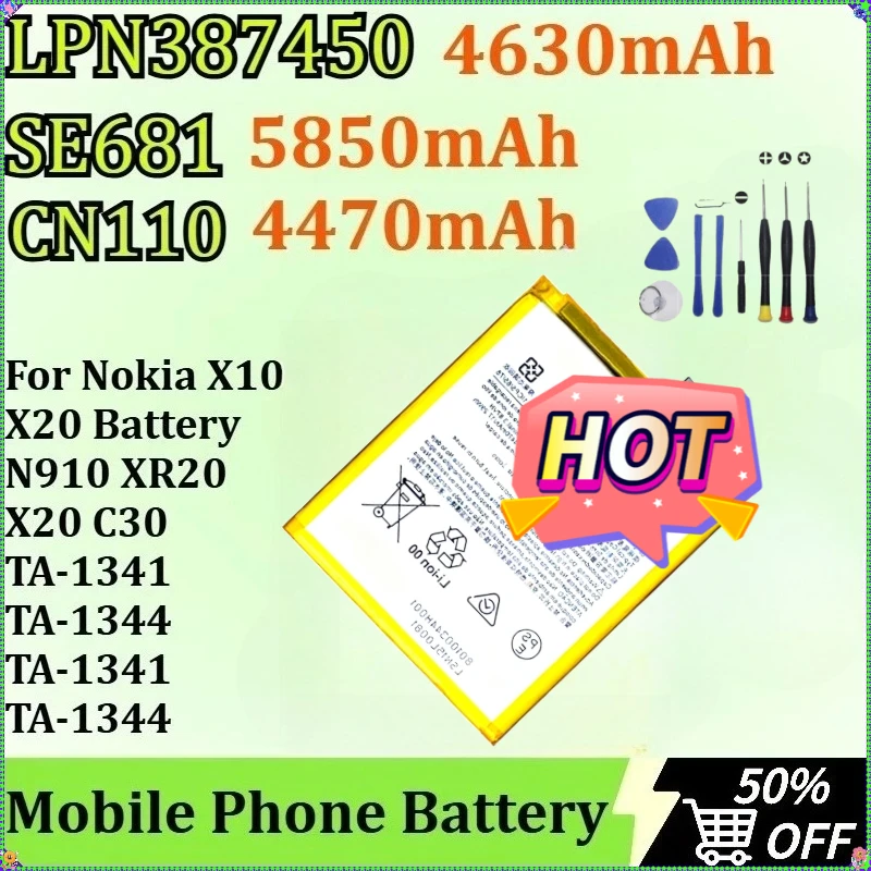 

For Nokia X10 X20 N910 XR20 X20 C30 TA-1341 TA-1344 TA-1341 TA-1344 Mobile Phone Battery LPN387450 SE681 CN110 + Tools