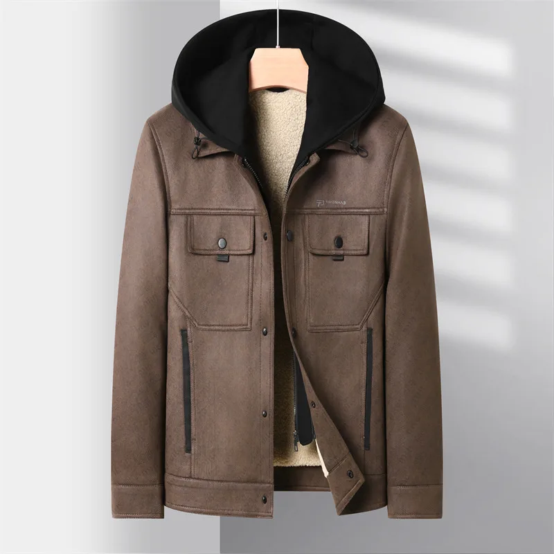 

Новинка осени/зимы 20%, мужская куртка с капюшоном из плотного бархата и теплой ткани из искусственной кожи для молодежного отдыха и тепла