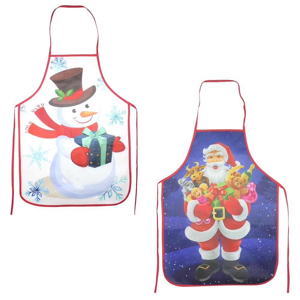 

2Pcs Christmas Apron Kitchen Snowman Holiday Polyester Comfortable Lightweight Fold Lovely Patterns Not Fade