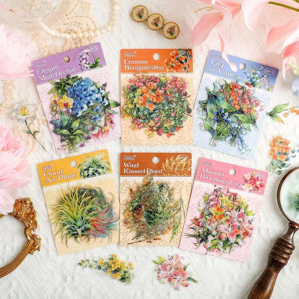 Journamm 20 Stück Transparente Blumen PET-Aufkleber Set DIY Tagebuch Dekoration Aufkleber Album Scrapbooking Junk Journal Sticker