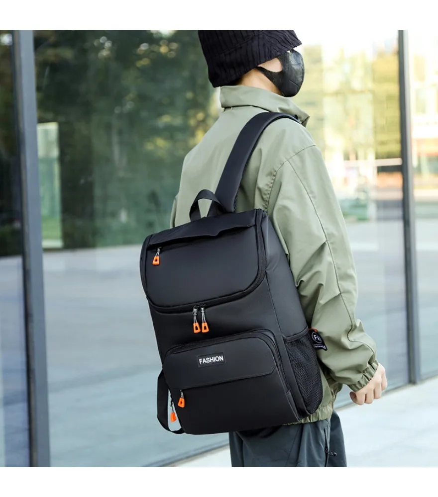 Black flap backpack with orange zipper pulls anti splash front label design for young people daily outdoor use
