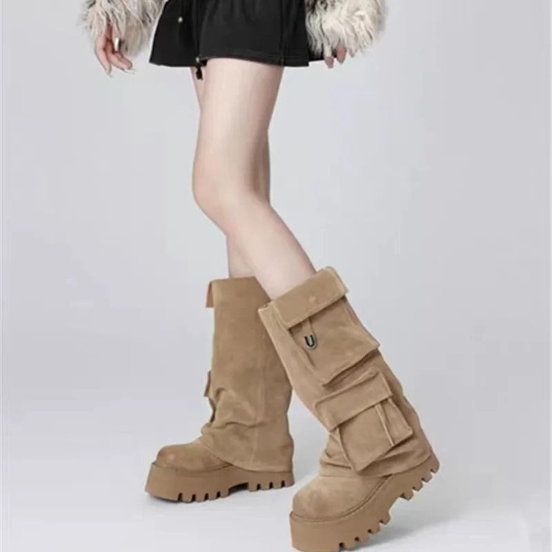 Botas de invierno para mujer, botas marrones, suela gruesa, botas de pantalón con bolsillo retro, zapatos de moda para mujer