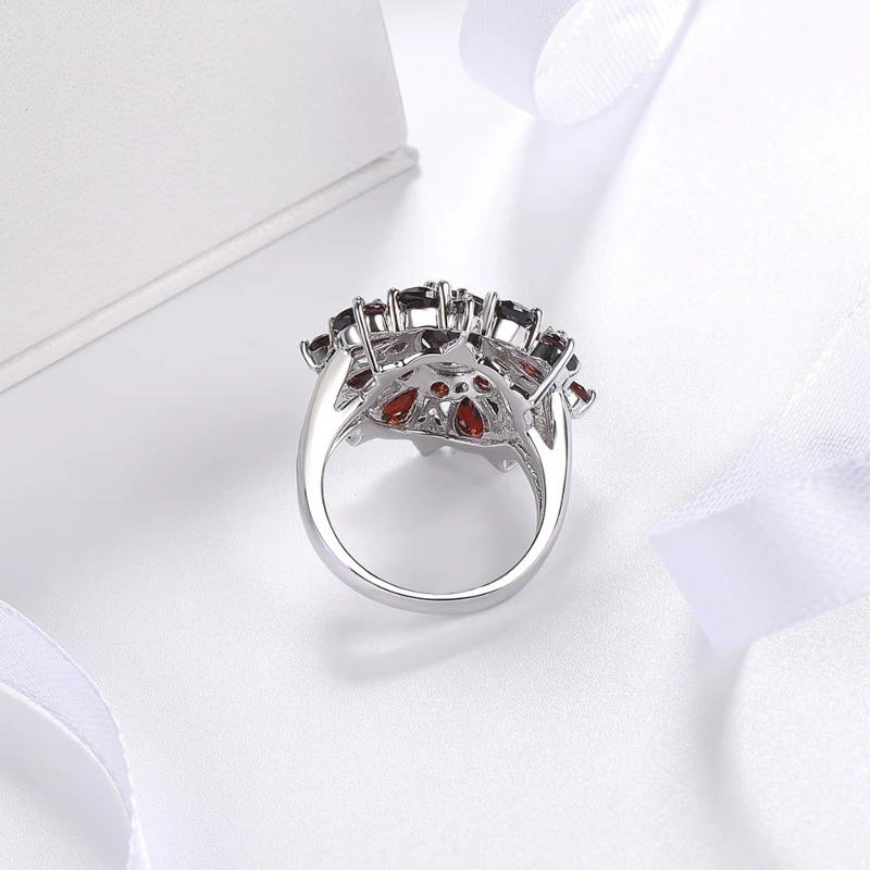 Anillo con incrustaciones de Color plateado para mujer, joyería clásica con forma de flor de circonita roja granate, gran oferta