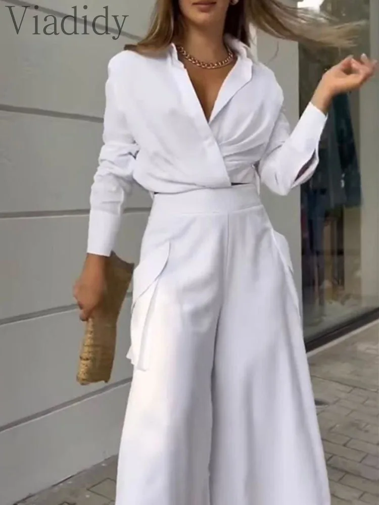 

Women's 2 Pieces Outfit Solid Color Ruched Long Sleeve Shirt and Wide Leg Asymmetrical Pants Set