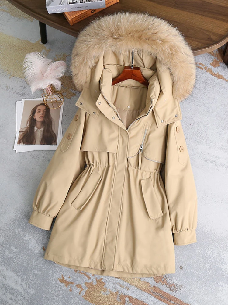 

Women's Mid Length Down Cotton Hooded Winter Parkas Coat Korean Fashion Thick Warm Loose Windproof Cotton Jackets Padded Outwear