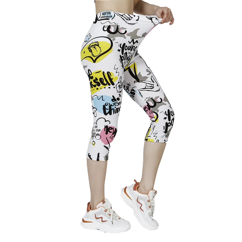 K471 Summer Capris Leggings, White Yellow Letters, Cloud Printed Capris, Soft and Elastic Casual Sportswear for Women