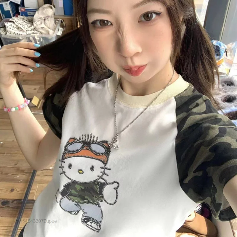 Hello Kitty New Summer Sanrios Cartoon T-Shirt Y2K Grunge Clothes Patchwork Kawaii Short Sleeved Top Girl Korean Fashion Tees