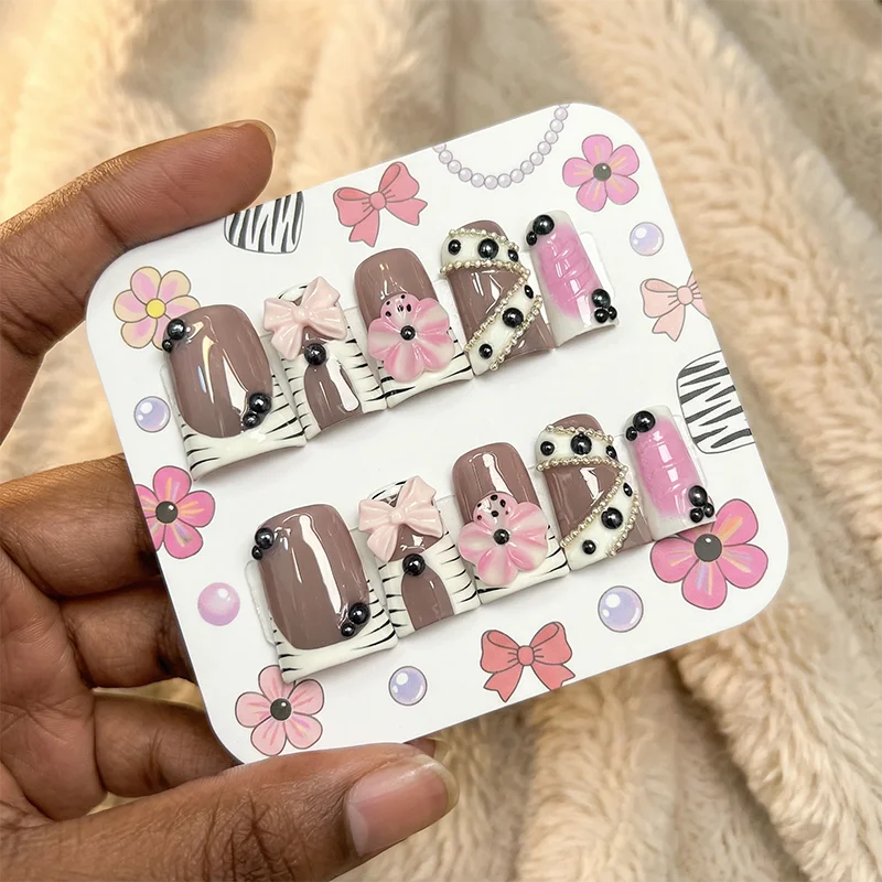 

Y2K Готический пресс на ногтях квадратной формы с 3D бантом и цветочным принтом зебры Темно-сладкие розовые накладные ногти Многоразовые акриловые кончики ногтей
