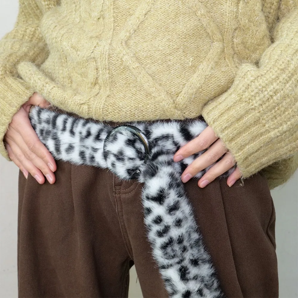 Cinturón de felpa con estampado de leopardo peludo, decoración para pantalones vaqueros, hebilla de resina, borlas de felpa, pretina, accesorio de trajes de baile de Jazz Harajuku Y2K