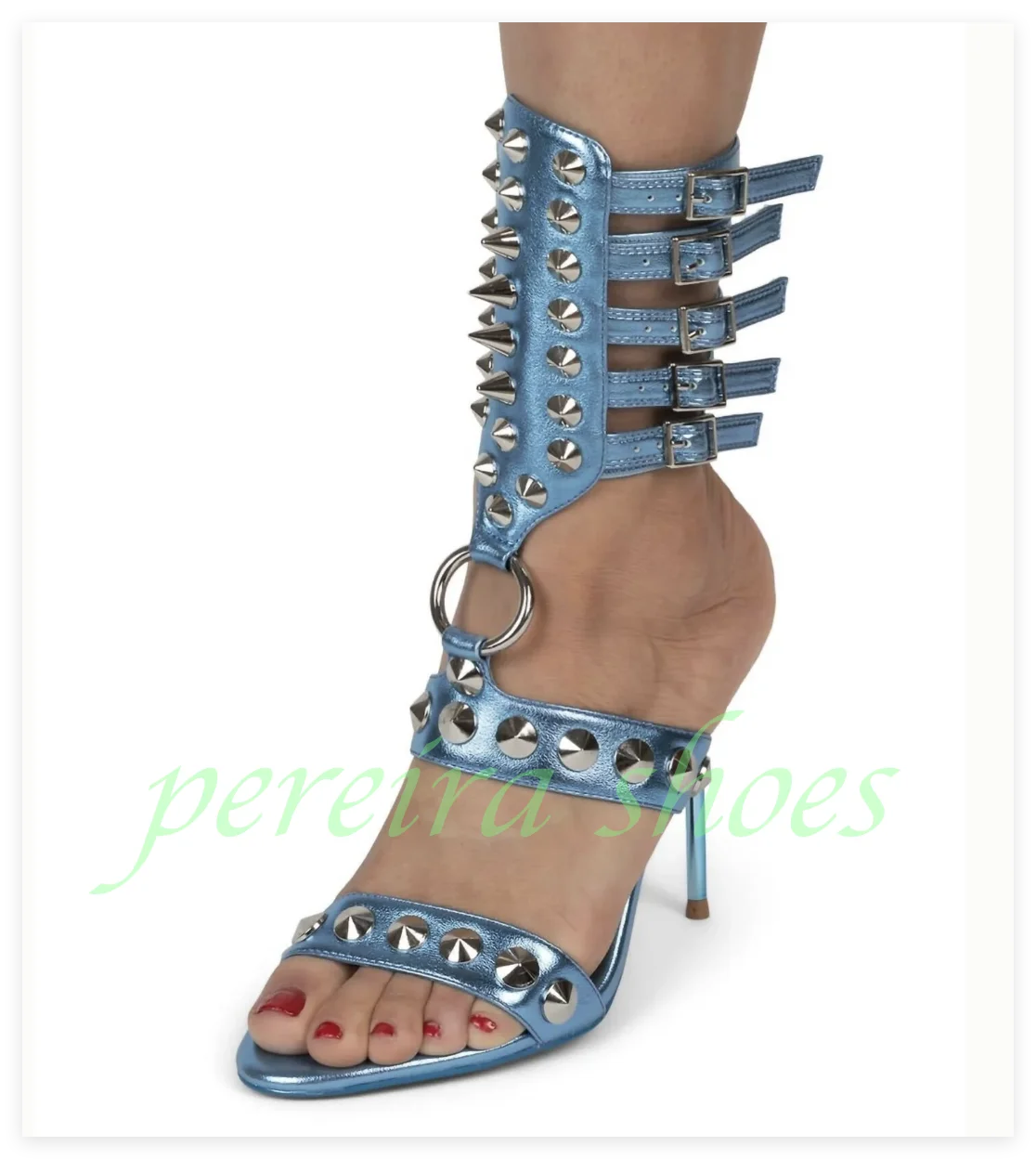

Lady Blue Metallic Pu Buckle Strap Pumps Open Toe Spike Design Sexy Metal Rivet Shoes Slingback Summer Pumps Sandals Size 34-46