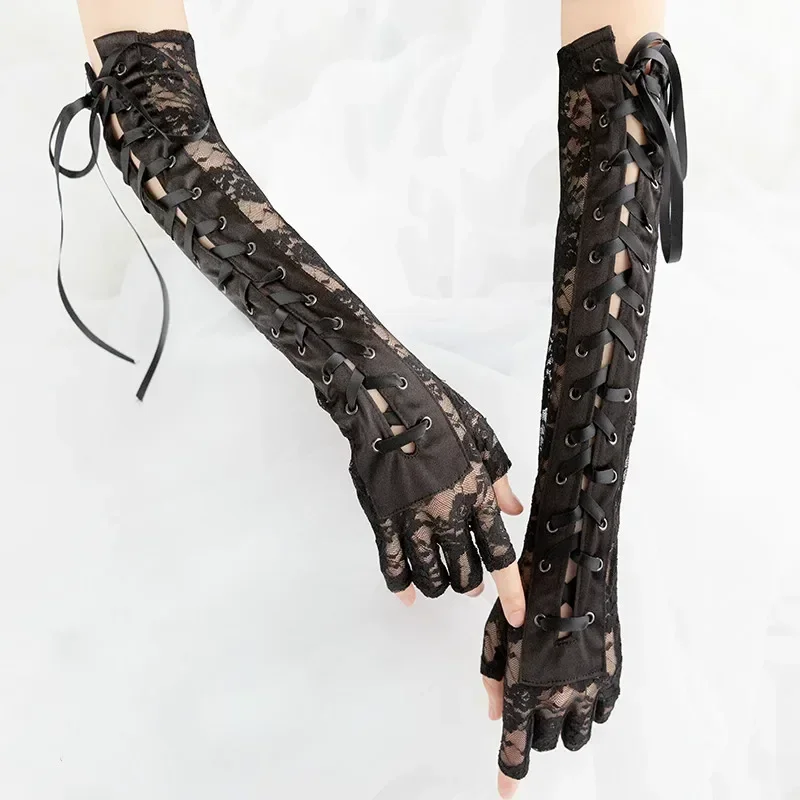 Guantes sin dedos con cordones para mujer, coderas steampunk para fiesta de disfraces, calentador de brazos, mitones Sexy, ropa de club, accesorios de disfraces de Cosplay