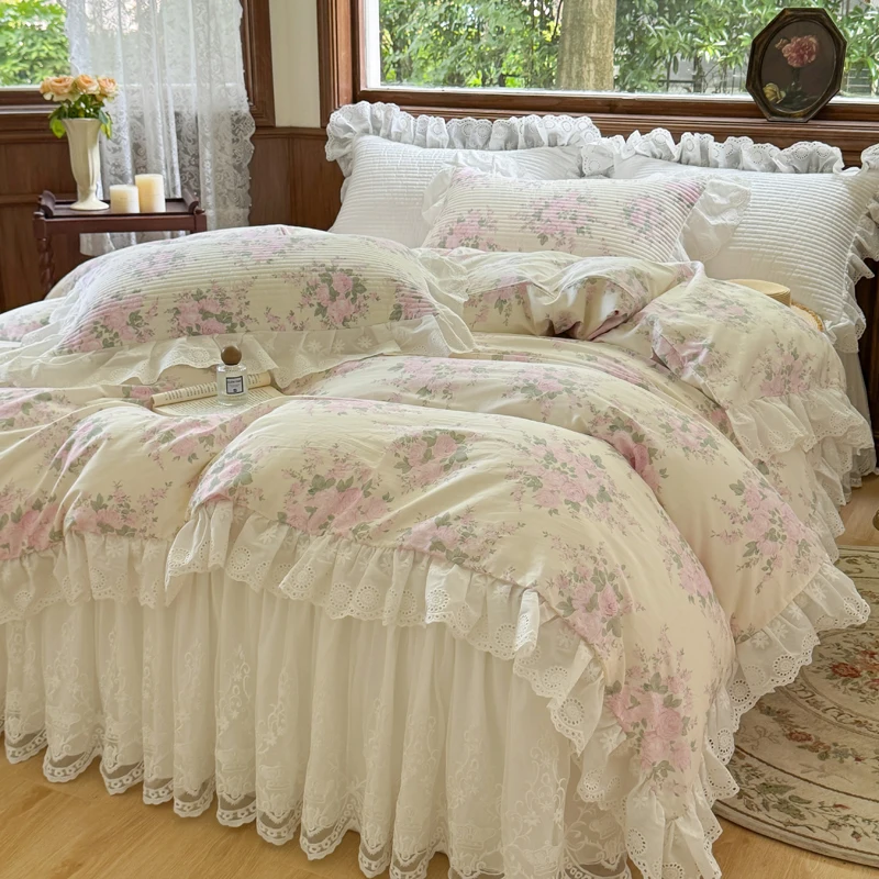 4Pcs French Princess Style Cotton 100% Cotton Lace Retro Flower Bed Skirt Bedding Set Duvet Cover 200x230 220x240 Four Seasons
