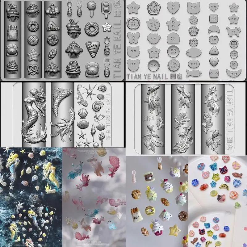 3D Soft Silicone Nail Mold Ocean Mermaid Goldfish Koi Buttons Carves Cartoon DIY Nail Art Accessories